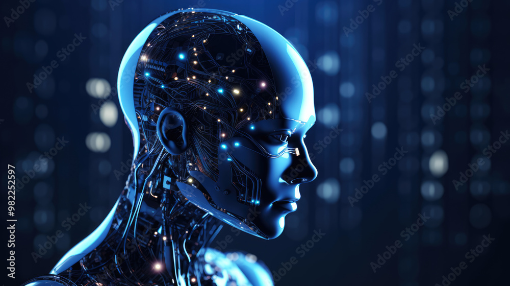 generated illustration of profile of a person, filled with glowing points of light representing AI artificial technology . generated illustration of profile of a person, filled with glowing points of light representing AI artificial technology .