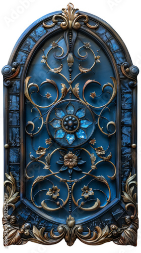 A close-up of a decorative metalwork piece with a blue background and gold accents. The design is intricate and features floral motifs and a central circular element.