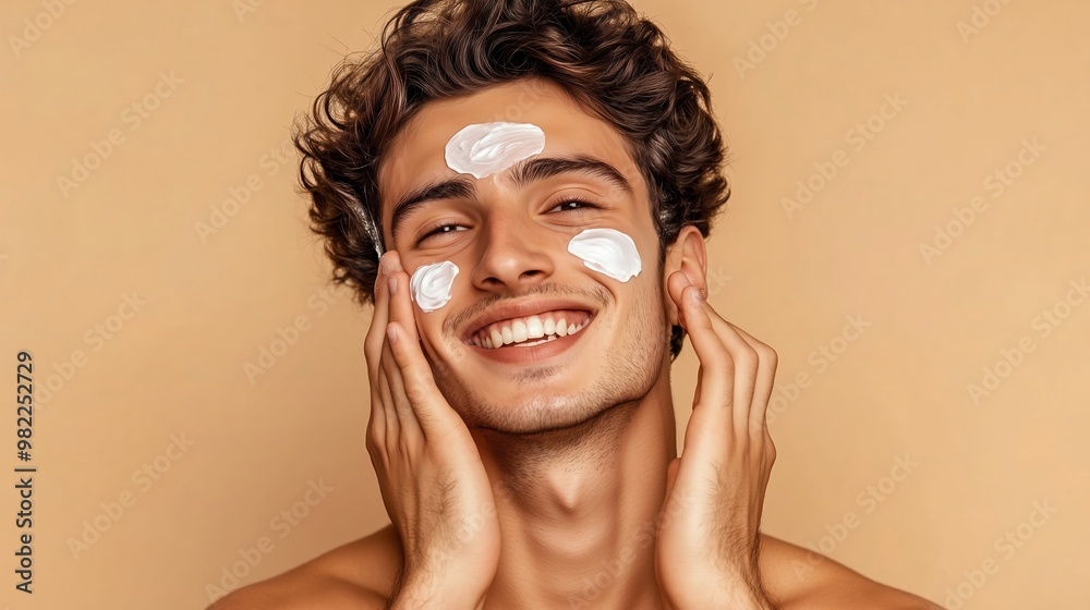 Young man applying facial cream with a smile against a warm, neutral background Young man applying facial cream with a smile against a warm, neutral background