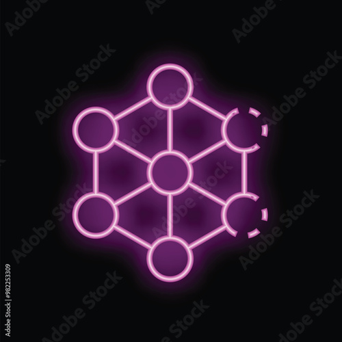 Neon network with two nodes disconnecting on a black background
