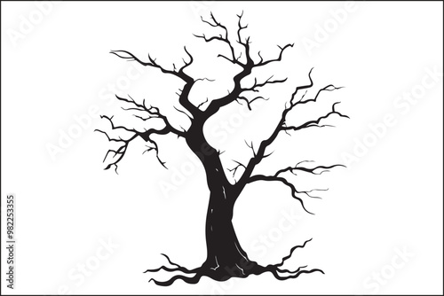 Black dead tree silhouette, nature, silhouette, tree, spooky, eerie, halloween, creepy, barren, forest, wilderness, branches, leafless, gothic, dark, abstract, minimal, icon, vector, graphic