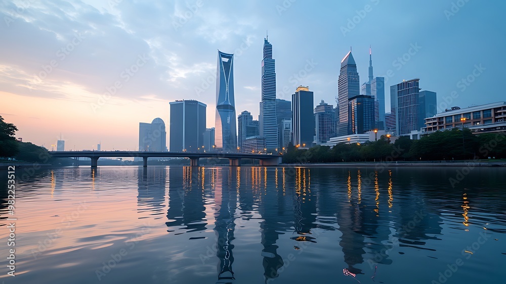 Fototapeta premium A city skyline reflecting on a calm river at dawn offers a serene and picturesque view, showcasing the tranquil beauty of urban life as the day begins.