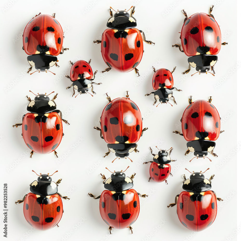 Obraz premium multiple ladybugs on white background, top view