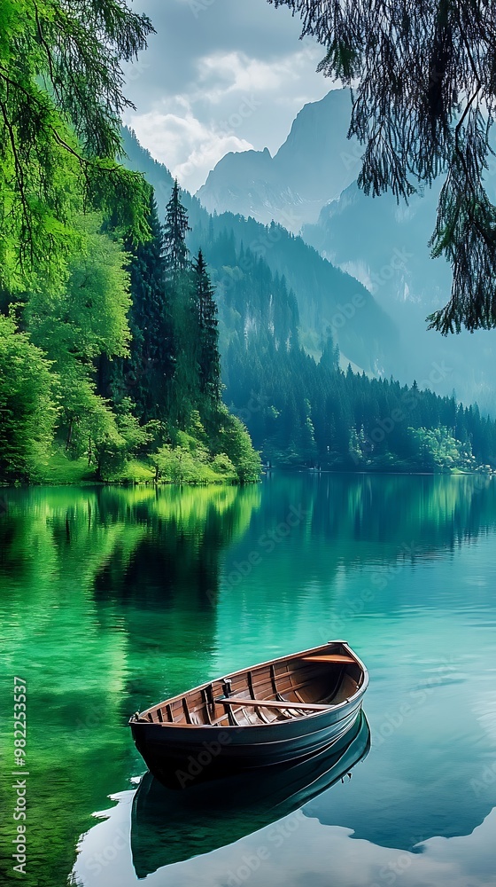 A small wooden boat rests on the still surface of a lake surrounded by mountains and green trees. A small wooden boat rests on the still surface of a lake surrounded by mountains and green trees.