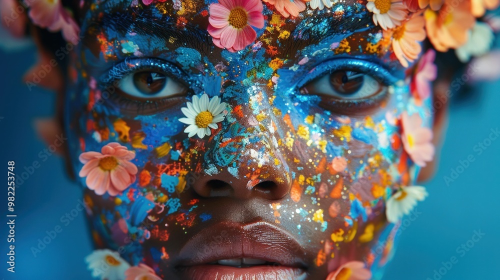 A close up of a woman s face adorned with colorful paint and flowers against a blue background The vibrant colors create an artistic and whimsical feel A close up of a woman s face adorned with colorful paint and flowers against a blue background The vibrant colors create an artistic and whimsical feel