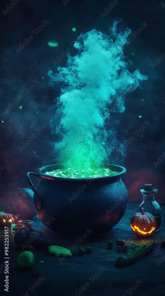 A witch’s cauldron bubbling over with green smoke under the moonlight A witch’s cauldron bubbling over with green smoke under the moonlight
