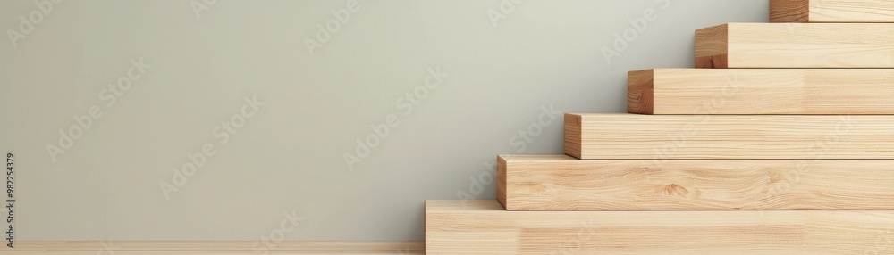 A serene view of wooden stairs against a soft green wall, showcasing simplicity and elegance in interior design. A serene view of wooden stairs against a soft green wall, showcasing simplicity and elegance in interior design.
