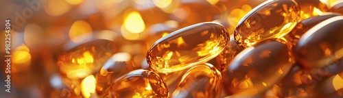 A detailed closeup of healthy fish oil capsules, their smooth, glossy shells glowing in a warm, golden light, arranged to emphasize their pristine condition against a minimalist background. 3d