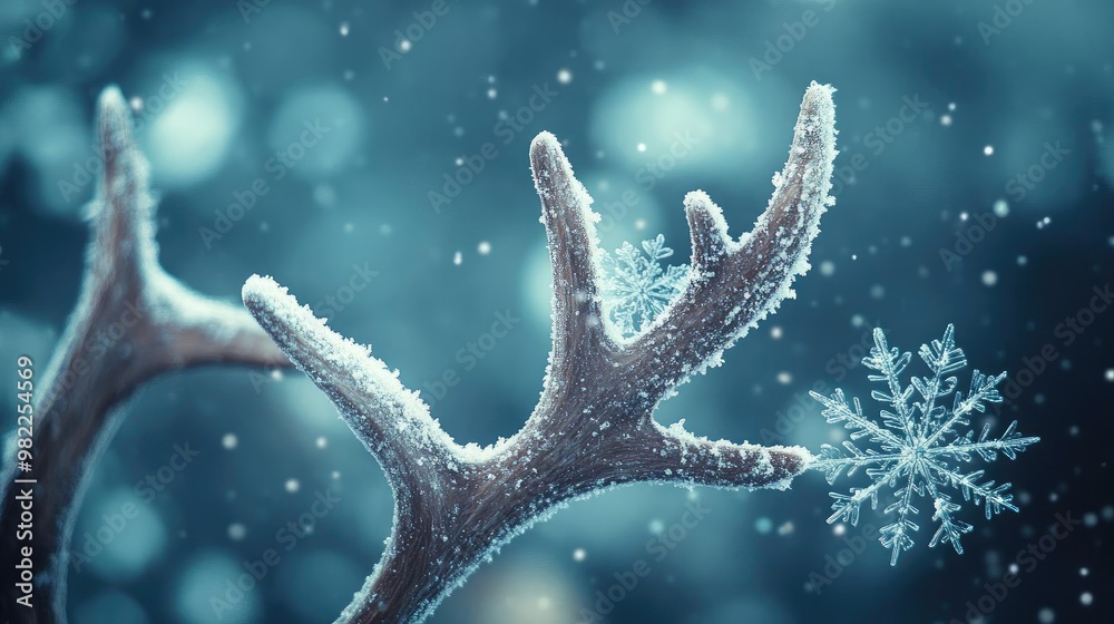 A close-up of a snowy antler with delicate snowflakes falling in a serene winter wonderland atmosphere. A close-up of a snowy antler with delicate snowflakes falling in a serene winter wonderland atmosphere.