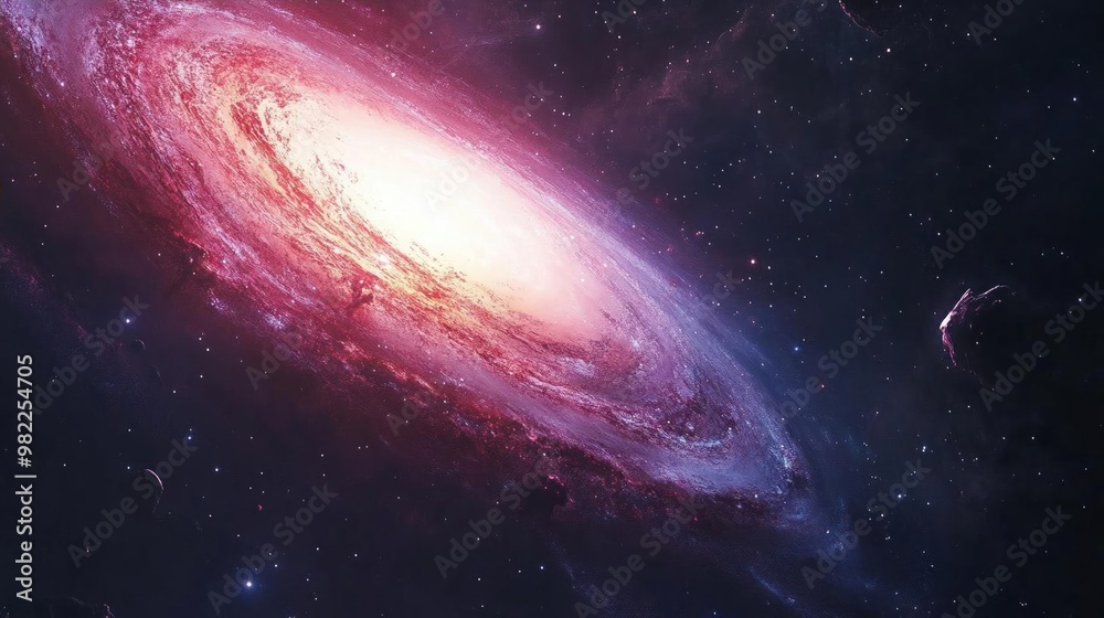Fototapeta premium A vibrant spiral galaxy in a dark space, surrounded by a few shining stars.