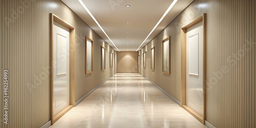 Sleek beige corridor with small panoramic blank frame , minimalist, modern, interior design, elegance, empty, stylish, corridor