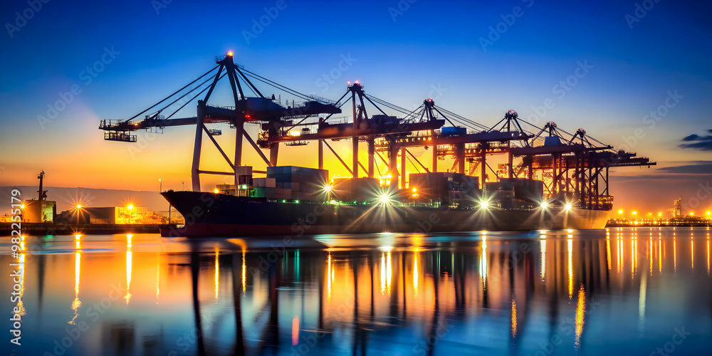Silhouette of a cargo ship at the port at night with cranes and bright lights , cargo ship, port Silhouette of a cargo ship at the port at night with cranes and bright lights , cargo ship, port
