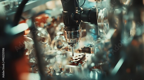 Close-up of a precision tool in a modern machine, showcasing intricate details of an automated manufacturing process. photo