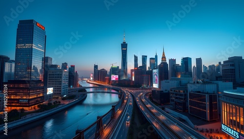 Illuminated Cityscape with a River and Elevated Highway at Dusk