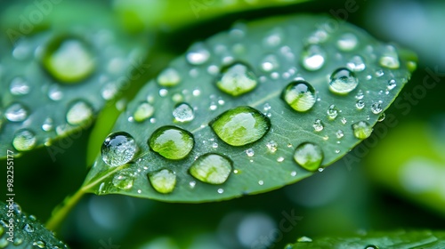 Close-up of green leaf with fresh water droplets, showcasing nature's beauty and tranquility in a vibrant environment.