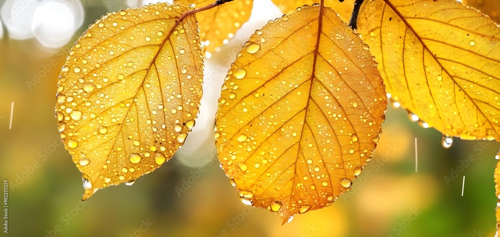 Close-up of vibrant yellow leaves adorned with drops of water, capturing the beauty of nature in autumn. Close-up of vibrant yellow leaves adorned with drops of water, capturing the beauty of nature in autumn.