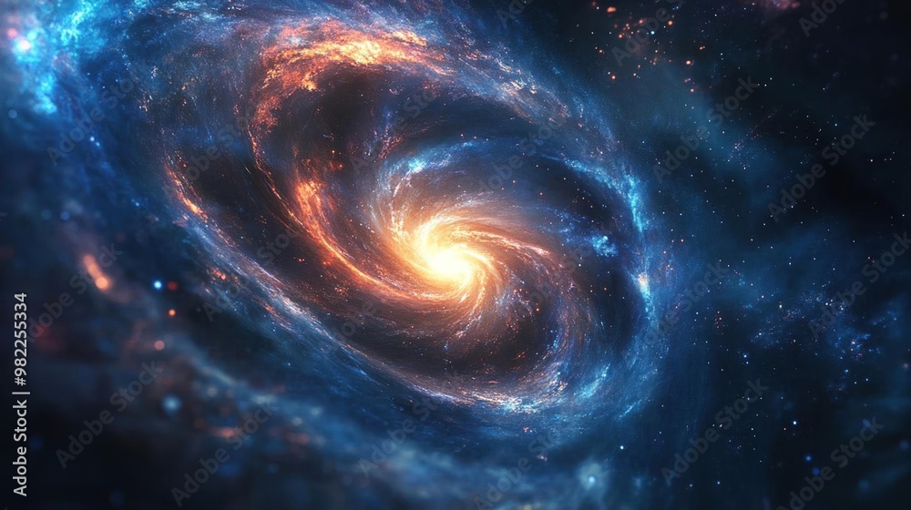 A cosmic swirl of orange and blue light fills the galaxy with a bright core at the center. A cosmic swirl of orange and blue light fills the galaxy with a bright core at the center.