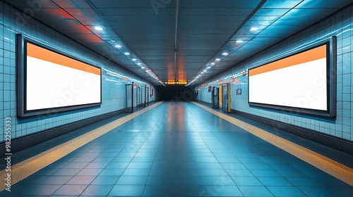 Empty Subway Station Platform with Two Blank Billboards