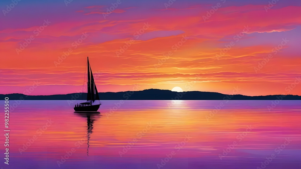 Fototapeta premium Serene sunset at sea with a single sailboat silhouetted against a vibrant purple sky, reflecting on the calm water surface as the sun dips towards the horizon.