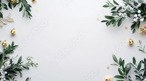 elegant christmas flat lay with golden accents and greenery border for festive holiday designs with clean white background