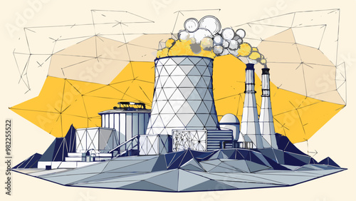 Print Detailed Nuclear Power Plant Sketch Abstract Polygonal Nuclear Reactor Vector Illustration in Isolated Style