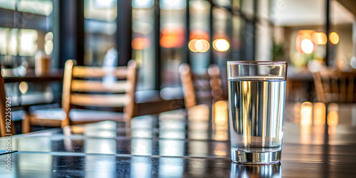 Water in clear glass on metal table in modern restaurant , water, glass, metal, table, restaurant, modern, contemporary photo