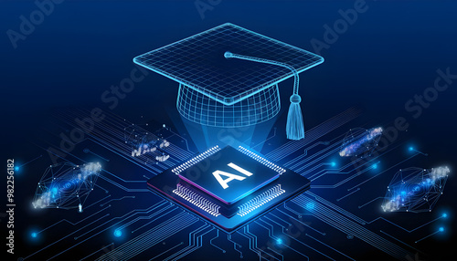 AI education or machine learning background Abstract digital tech bg AI chip and graduate hat