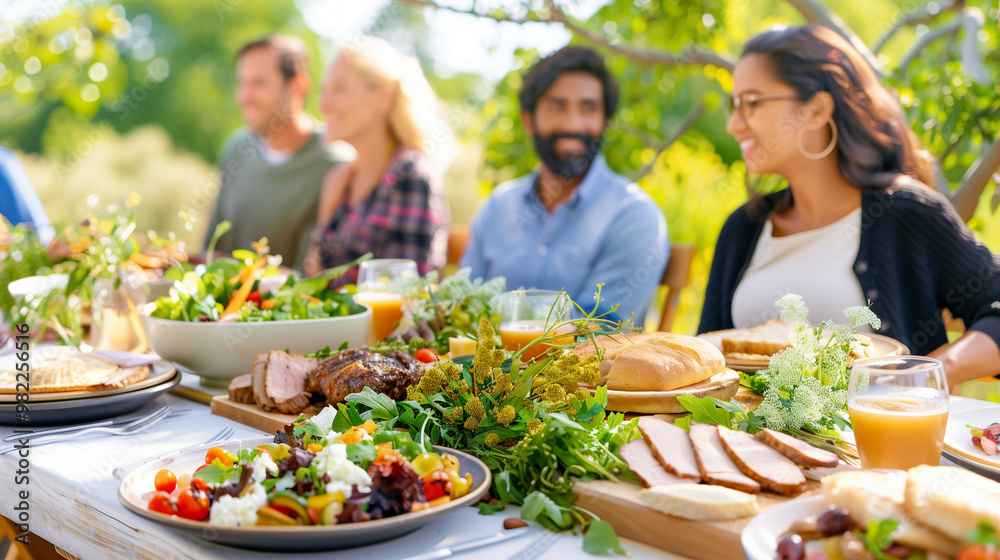 Food picnic spread with outdoor dining and a summer gathering featuring salads meats and beverages Food picnic spread with outdoor dining and a summer gathering featuring salads meats and beverages