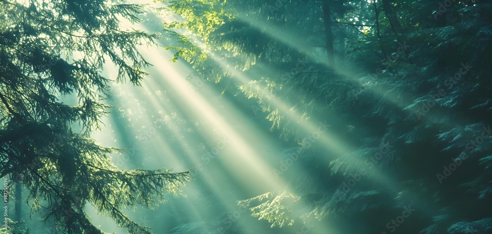 Dramatic sunlight streams through a dense forest, creating a serene and enchanting atmosphere in nature. Dramatic sunlight streams through a dense forest, creating a serene and enchanting atmosphere in nature.