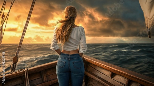 Woman Standing on a Boat, Watching the Stormy Sea at Sunset. Generative ai