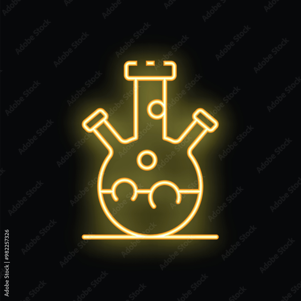 Yellow glowing neon icon of laboratory glassware with round bottom flask on dark brick wall background, representing chemical experiments Yellow glowing neon icon of laboratory glassware with round bottom flask on dark brick wall background, representing chemical experiments