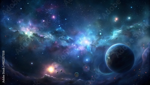 Breathtaking cosmic landscape with vibrant nebulae and distant planets in space