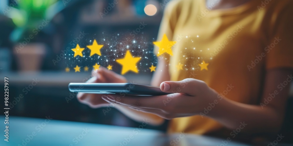 Customer feedback and satisfaction survey concept. A user rates their experience on an online application, helping businesses rank their service quality and improve their