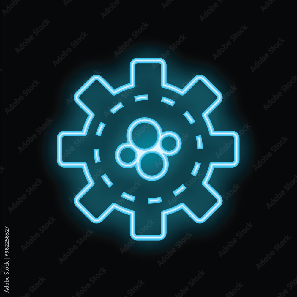 Neon blue gear wheel with smaller circles inside representing teamwork concept on a black background Neon blue gear wheel with smaller circles inside representing teamwork concept on a black background