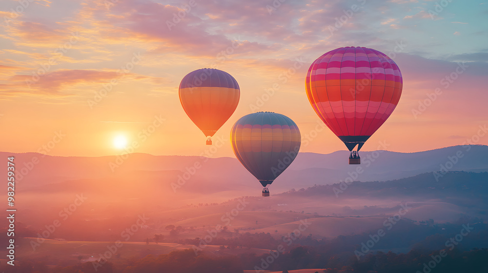 Breathtaking hot air balloons float gracefully in sky during stunning sunset, casting vibrant colors over serene landscape. scene evokes sense of adventure and tranquility Breathtaking hot air balloons float gracefully in sky during stunning sunset, casting vibrant colors over serene landscape. scene evokes sense of adventure and tranquility