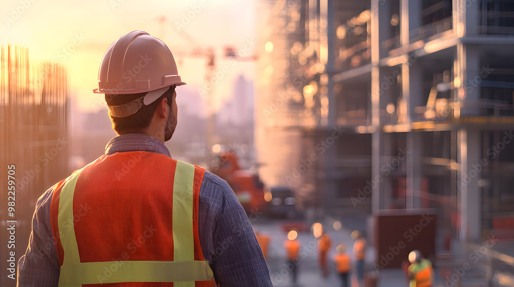 A construction worker in safety helmet and vest observes building site at sunset, showcasing teamwork and dedication in construction industry A construction worker in safety helmet and vest observes building site at sunset, showcasing teamwork and dedication in construction industry
