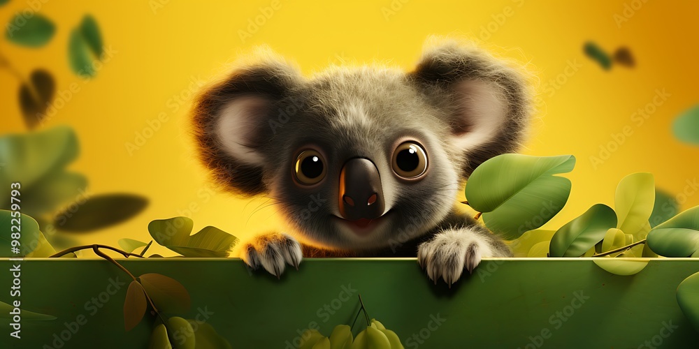 Cute koala with green leaves on yellow background, 3d illustration Cute koala with green leaves on yellow background, 3d illustration