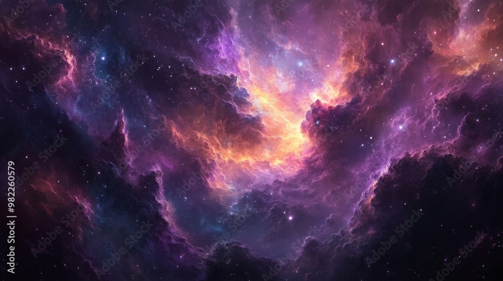 Cosmic Nebula with Swirling Purple and Orange Clouds and Scattered Stars