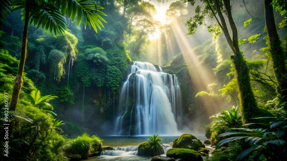 Fototapeta premium Hidden waterfall in lush jungle with sunlight filtering through dense foliage, illuminating mist rising from falls, waterfall