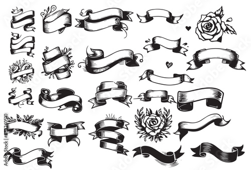 Hand drawn ribbons vintage set. Doodle style black color sketch. Isolated elements. Vector illustration 