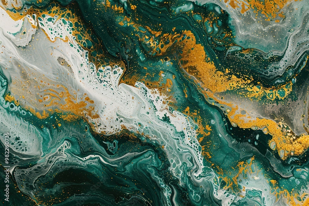 Vibrant Template. Watercolor Image. Alcohol Ink Drawing. Gold, Yellow and White Vibrant Template. Sea Pattern. Marble Canva. Cyan Smoke Picture.