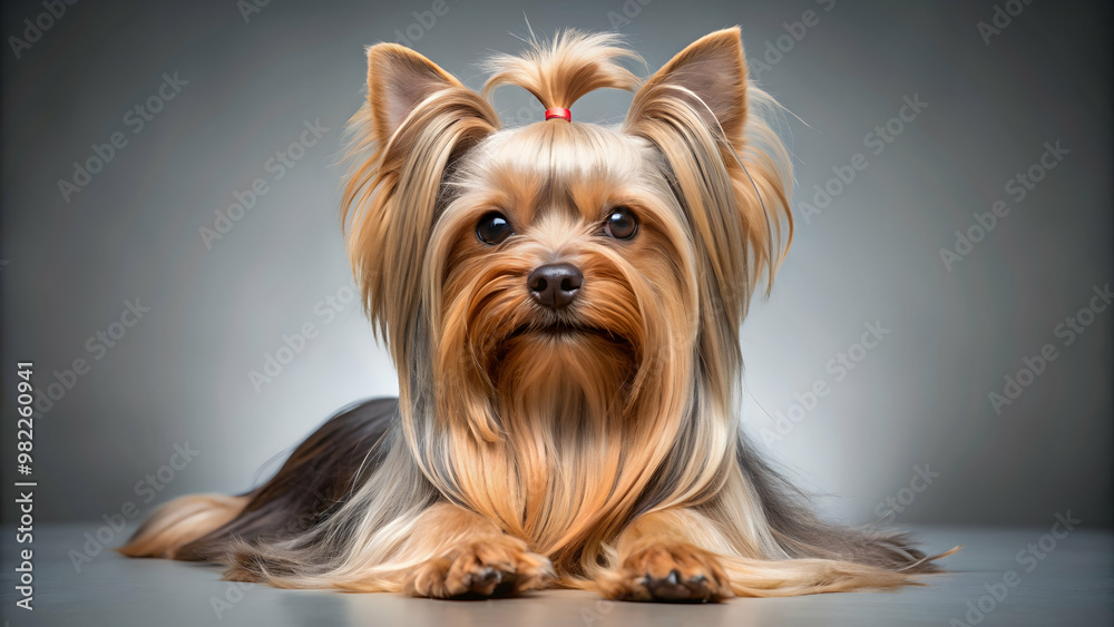 Naklejka premium Playful Yorkshire Terrier dog with long, silky fur, cute, small, pet, adorable, breed, purebred, animal, fluffy, coat