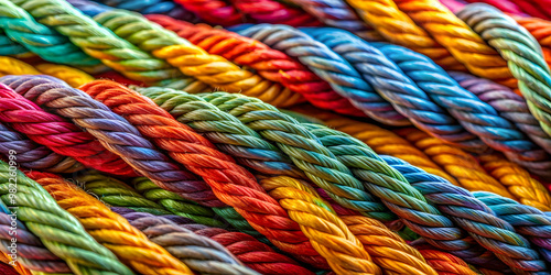 Close-up shot of colorful intertwined ropes with rich textures and intricate twists, ropes, close-up, colorful