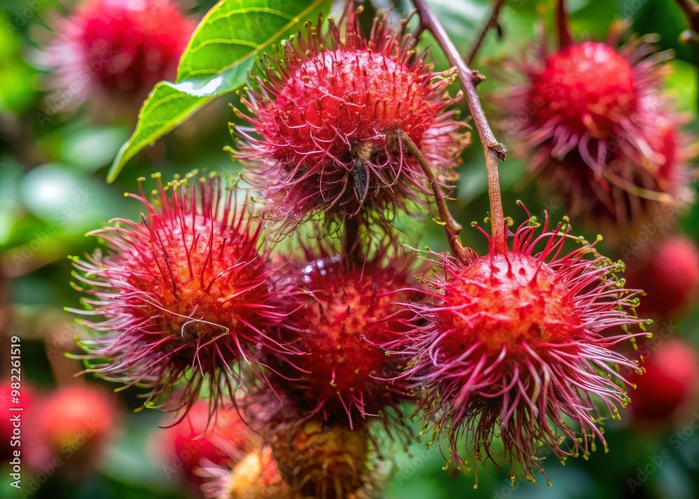 Fleshy, crimson fruit bursts with wiry, silver-green tendrils, as if hair sprouts from its skin, growing outward like a miniature forest on tiny stems. Fleshy, crimson fruit bursts with wiry, silver-green tendrils, as if hair sprouts from its skin, growing outward like a miniature forest on tiny stems.