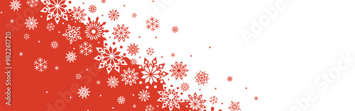 Horizontal banner with white and red Christmas symbols. Christmas snowflakes. Winter background with place for text.
