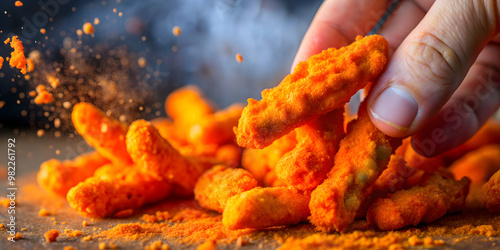 A close-up photo of a messy hand covered in orange dust from eating Cheetos, snack food, cheesy