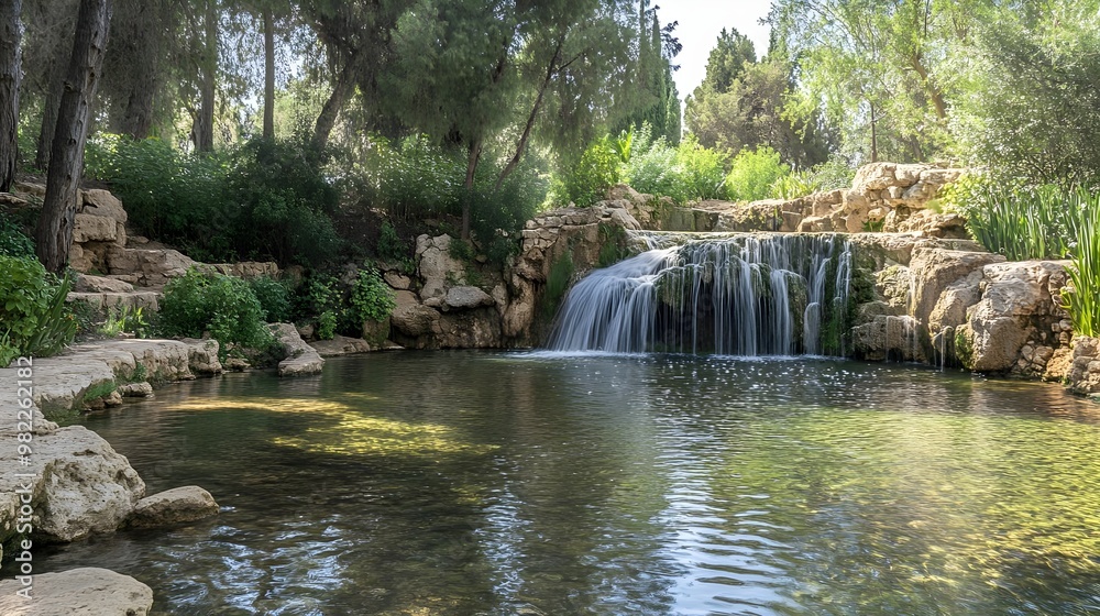 Obraz premium Serene landscape featuring a tranquil waterfall cascading into a peaceful pool, surrounded by lush greenery and natural beauty.