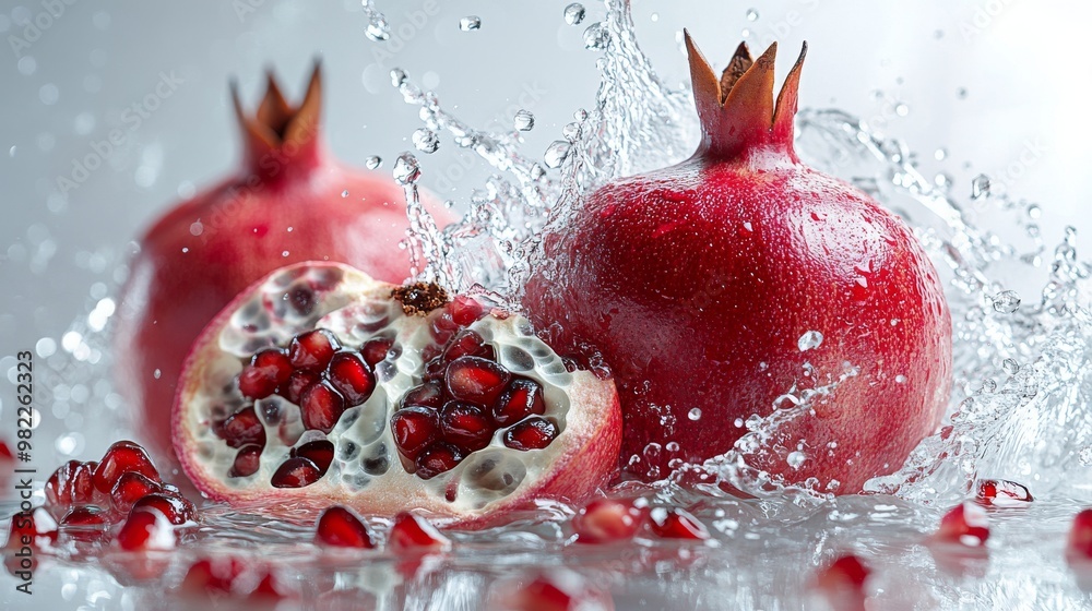 Pomegranate Fruit with Water Splash and Seeds Pomegranate Fruit with Water Splash and Seeds