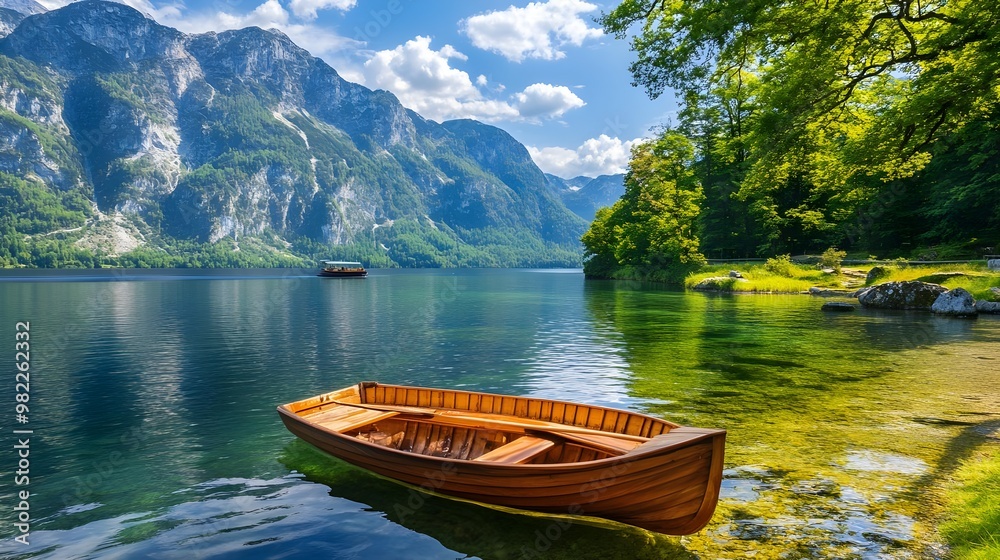 Serene mountain lake scene with a wooden boat, clear water, and lush greenery under a bright blue sky. Serene mountain lake scene with a wooden boat, clear water, and lush greenery under a bright blue sky.