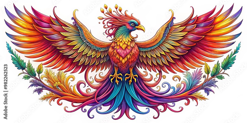 A majestic phoenix rises from embers, ablaze with fiery oranges and yellows, as it unfurls elegant, swirling wings, A majestic phoenix rises from embers, ablaze with fiery oranges and yellows, as it unfurls elegant, swirling wings,